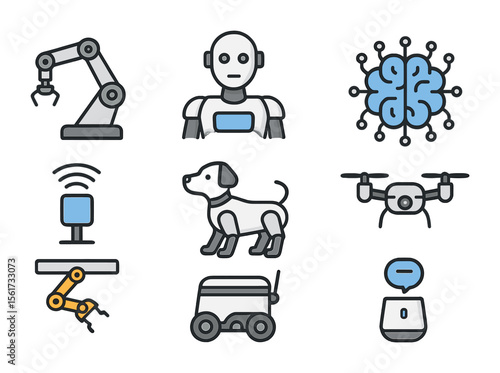 Robotics Icon Set. Flat icon set of robotics advancement: mechanical arm, humanoid robot, AI brain, sensor