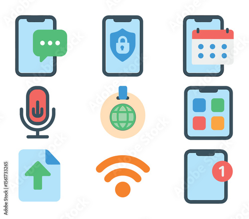 Mobile Work Tools Icons. Flat icon set of mobile remote work tools: smartphone with chat, mobile VPN, mobile