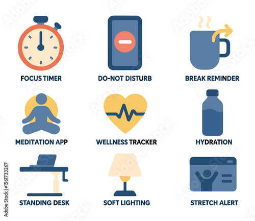 Remote Work Tools Icons. Flat icon set of focus and well-being tools for remote workers: focus timer,