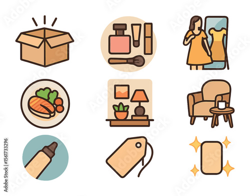 Product Promotion Icons. Flat icon set of product promotion visuals: unboxing scene, beauty flatlay, clothing