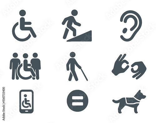 Disability Rights Icons. Flat icon set of disability rights advocacy: wheelchair icon, accessibility ramp,