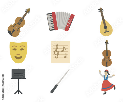 European Music Icons. Flat icon set of European classical and folk: violin, accordion, lute, opera mask, sheet