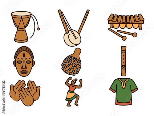 African Music Icons. Flat icon set of African musical heritage: talking drum, kora, balafon, dance mask,