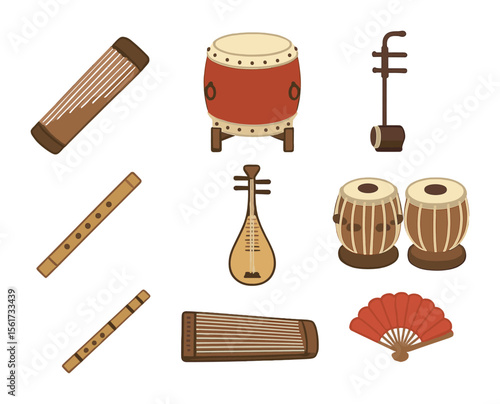 Asian Instruments Icons. Flat icon set of Asian musical instruments: guzheng, taiko drum, erhu, shakuhachi,