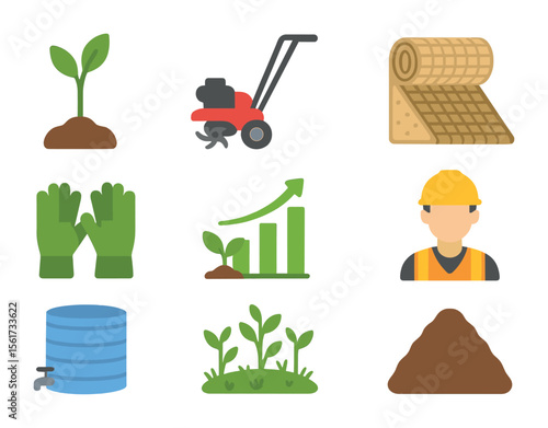 Habitat Restoration Icons. Flat icon set of habitat restoration and recovery: native seedling, soil tiller,