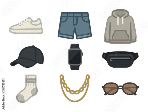 Urban Wear Icons. Flat icon set of urban casual wear: white sneakers, denim shorts, oversized hoodie, baseball