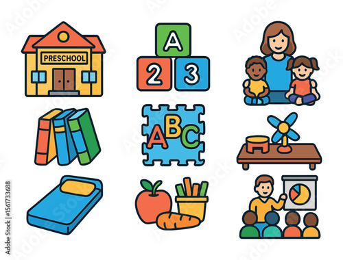 Preschool Education Icons. Flat icon set of early childhood education access: preschool building, building