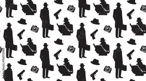 Seamless pattern Agent or spy silhouette, gun, camera