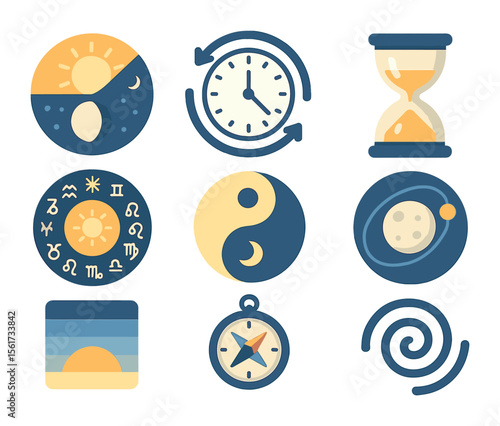 Symbolic Time Icons. Flat icon set of symbolic time transitions: sun and moon cycle wheel, rotating clock,