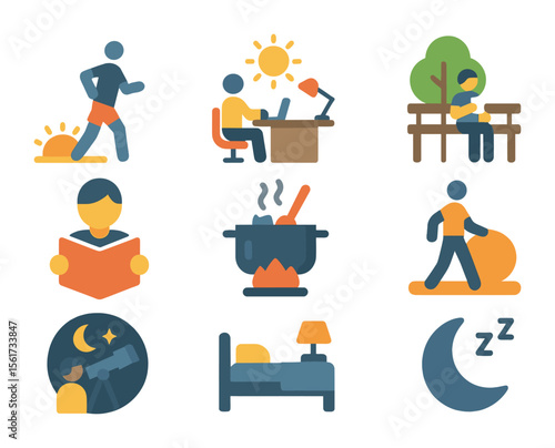 Daily Routine Icons. Flat icon set of activities from dawn to dusk: morning jogger, noon work desk, lunch