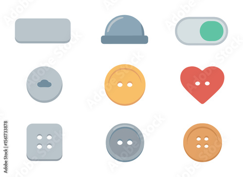 Button Icon Grid. Flat icon set of button types and shapes: flat button, dome button, toggle button, shank