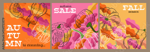 Autumn trendy cover, poster, banner, background template set. Creative Promotion cards with Autumn leaves and hand drawn Pumpkins. Fall template for advertising, web, social media, print