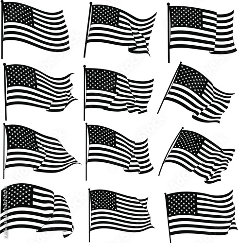 Waving American flags on poles in various dynamic poses vector