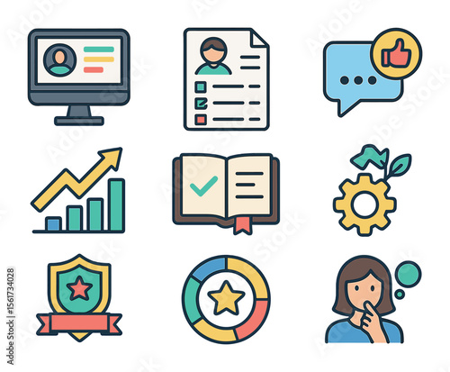 Self-Coaching Icon Set. Flat icon set of self-coaching and improvement trackers: personal dashboard,