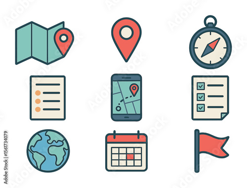 Navigation Tools Icons. Flat icon set of navigation and planning tools: foldable map, location pin, compass,
