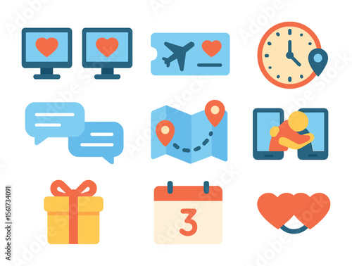 Long-Distance Love Icons. Flat icon set of long-distance romance: dual screens with hearts, plane ticket with