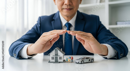 Businessman protecting family, home, and car model on desk, symbolizing insurance, safety, security, and protection in financial planning and investment strategies