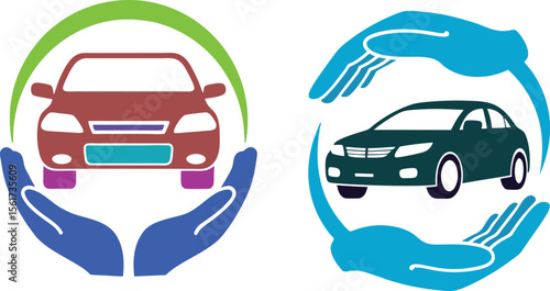 Car insurance concept illustrating protection with hands vector logo graphic design.
