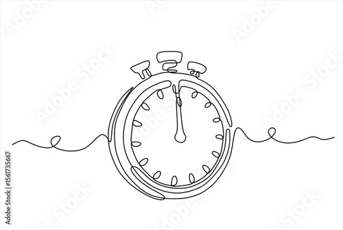 Continuous one line drawing of timer, clock, stopwatch. Hand drawn one line vector. Editable stroke