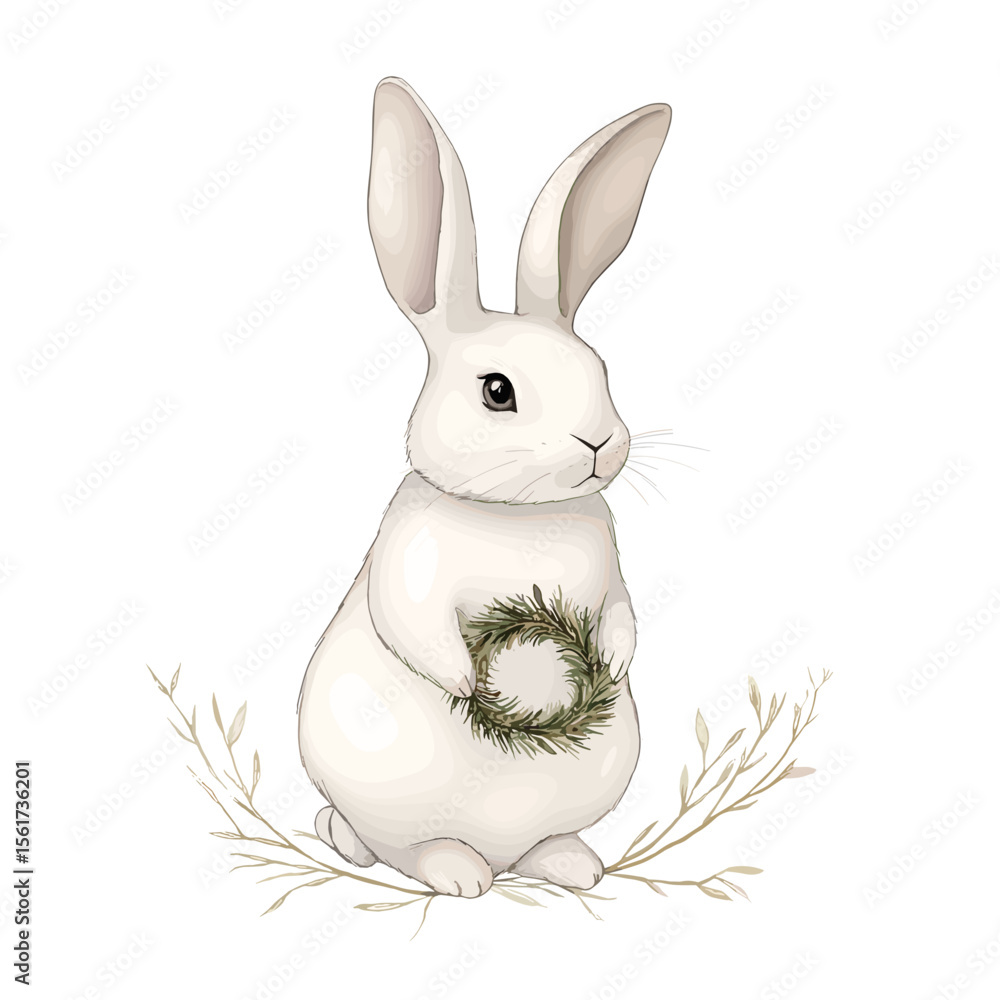 Obraz premium White rabbit holding a small wreath surrounded by grass 