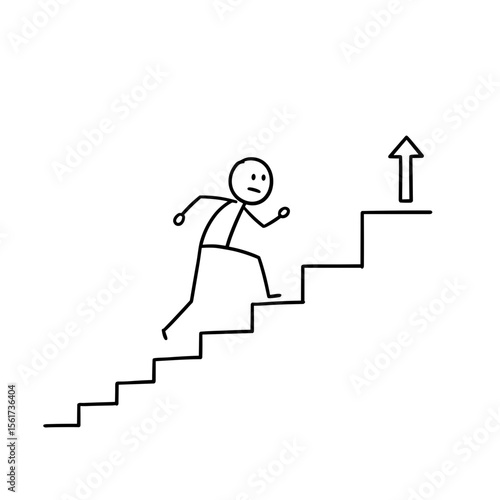 Stick figure running up steps towards an upward arrow symbol  