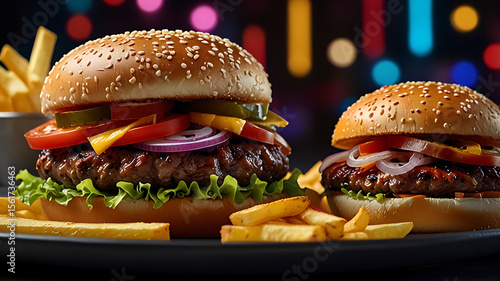 Mouthwatering Burger Combo: A tempting close-up of two perfectly crafted burgers, bursting with fresh ingredients, accompanied by a golden, crispy fries. The scene is a culinary delight.