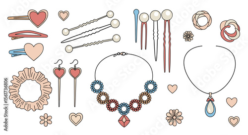 Charming Collection of Hair Accessories and Jewelry Featuring Hearts and Floral Motifs for Fashionable Styling