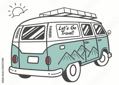 Retro campervan travel adventure with sun and mountains scenic roadtrip vector illustration