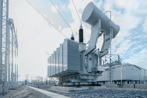 Modern new power station. The equipment used to raise or lower voltage, high voltage power station. Electrical Transformer	
