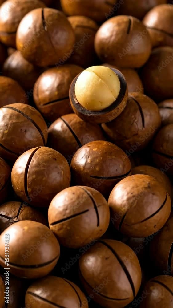 Close-up stack of macadamia nuts in shells with one shelled nut, showcasing a heap of delicious and nutritious nut kernels. Close-up stack of macadamia nuts in shells with one shelled nut, showcasing a heap of delicious and nutritious nut kernels.