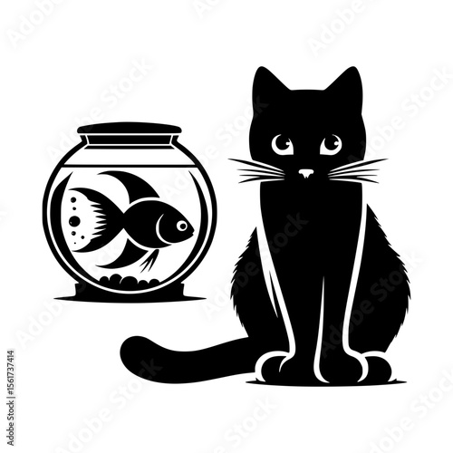 Black cat sitting next to a fishbowl with a goldfish inside
