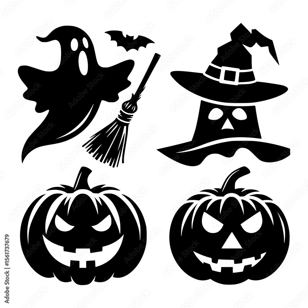 Fototapeta premium Spooky halloween icons featuring a ghost witch hat pumpkins and a broomstick
