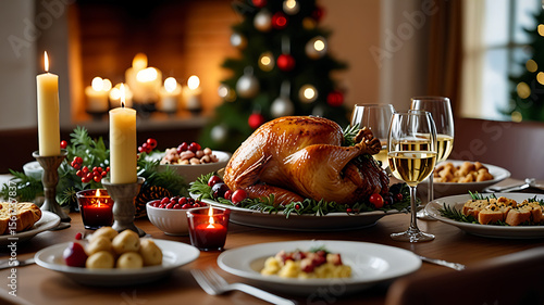 Holiday Feast: A warm holiday scene is set with a delectable roasted turkey as the centerpiece, surrounded by traditional side dishes and festive decorations.