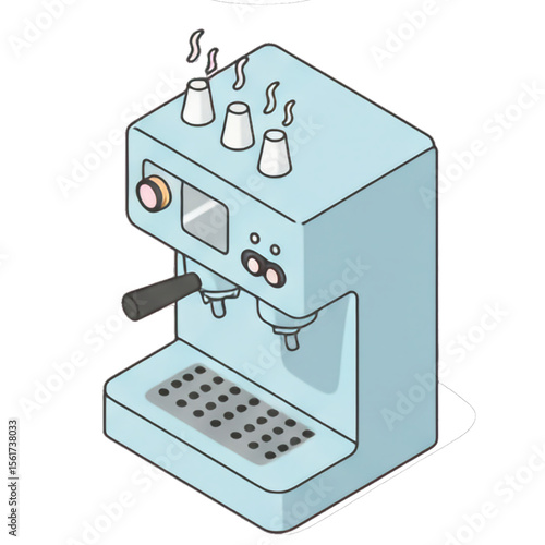 Light-blue isometric illustration of a coffee machine with steam rising from cups.