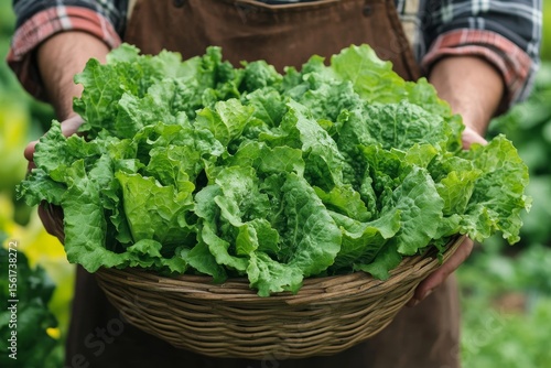 Farm entrepreneur holding a basket of freshly harvested lettuce, ready to sell at the organic market, Generative AI