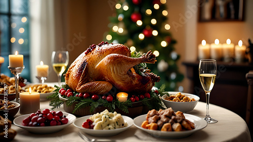 Festive Feast: A beautifully set table laden with a roasted turkey, side dishes, and sparkling wine, illuminated by candlelight, sets the stage for a joyful holiday gathering with friends and family.