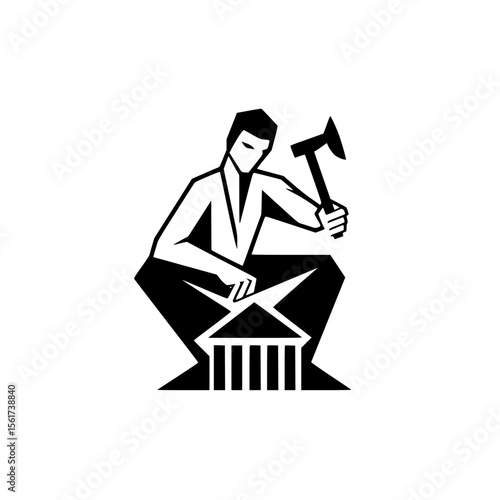 Silhouette pictogram of a craftsman chiseling a monument with tools in a workshop environment