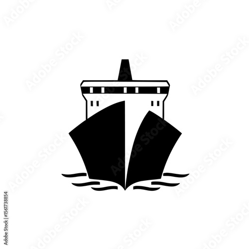 Silhouette pictogram of a large ship navigating calm waters with distinct hull design and details