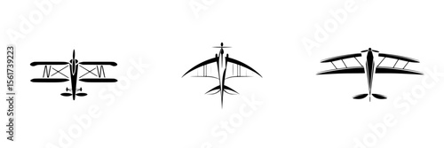 Silhouette pictogram icons of various aircraft styles representing aviation in a minimalist design