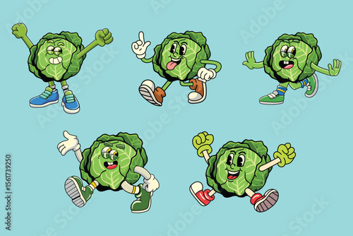 Set of funny cabbage vegetable 70s retro comic cartoon characters