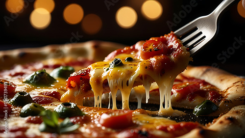 Savory Slice: A fork lifts a slice of pizza, revealing the delicious meld of cheese, toppings, and crust, beckoning a satisfying culinary experience.