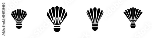 Silhouette pictograms representing shuttlecocks showcasing various designs and styles for sports and recreation themed graphics
