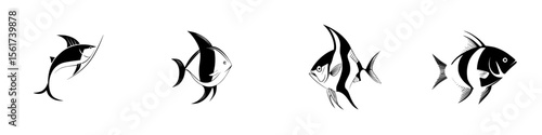 Diverse collection of silhouette pictograms showcasing various fish species in a minimalist style