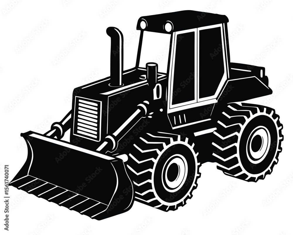 Naklejka premium Black and white illustration of a powerful bulldozer ready for construction work on a white background.