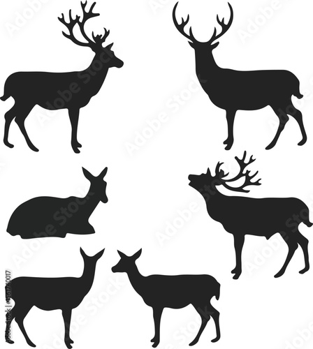 Collection of silhouette deer in various poses against white background
