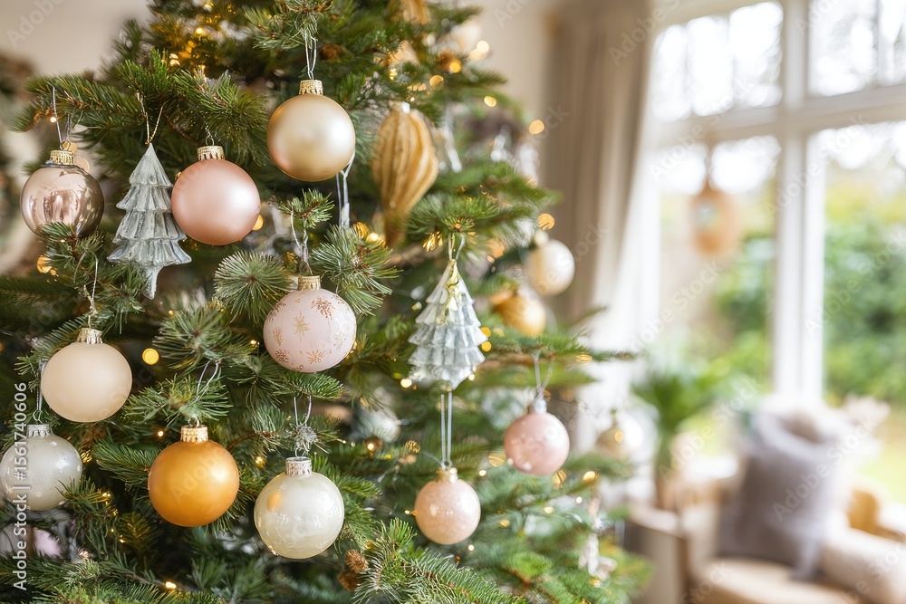 Fototapeta premium Festive Christmas tree adorned with pastel-toned ornaments