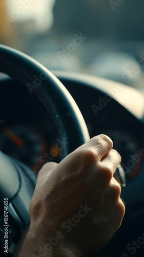 Close Up Hand on Black Leather Steering Wheel in Car Interior