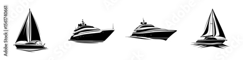 Silhouette pictograms representing various types of boats and yachts for versatile design use