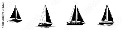 Vector icons of various sailing boats represented in silhouette style for design and illustration purposes