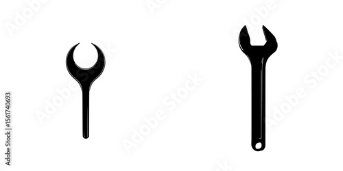 Silhouette pictogram of two distinct tool icons including a wrench and a spanner for construction and repair activities